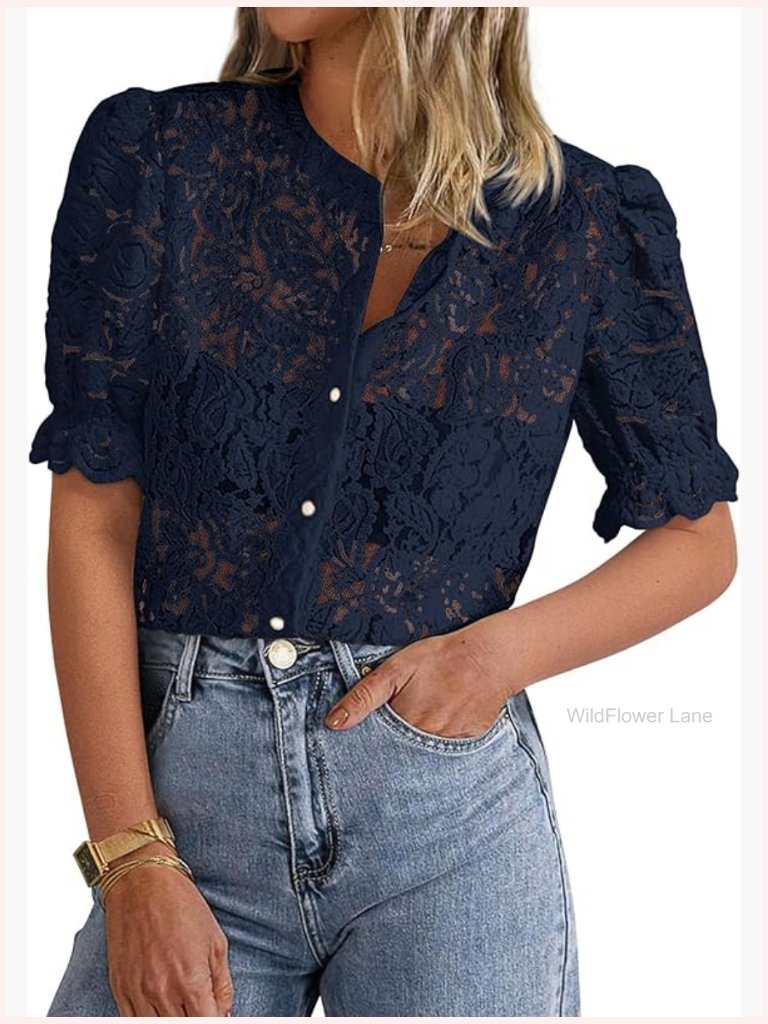 Lace Short Puff Sleeve Button Down Blouse Crew Neck Dressy Casual Top